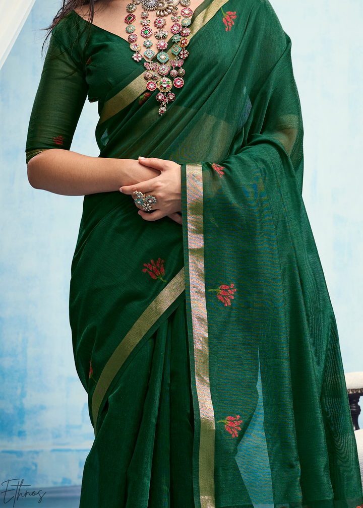 Emerald Green Rose Jamdani Munga Cotton Saree