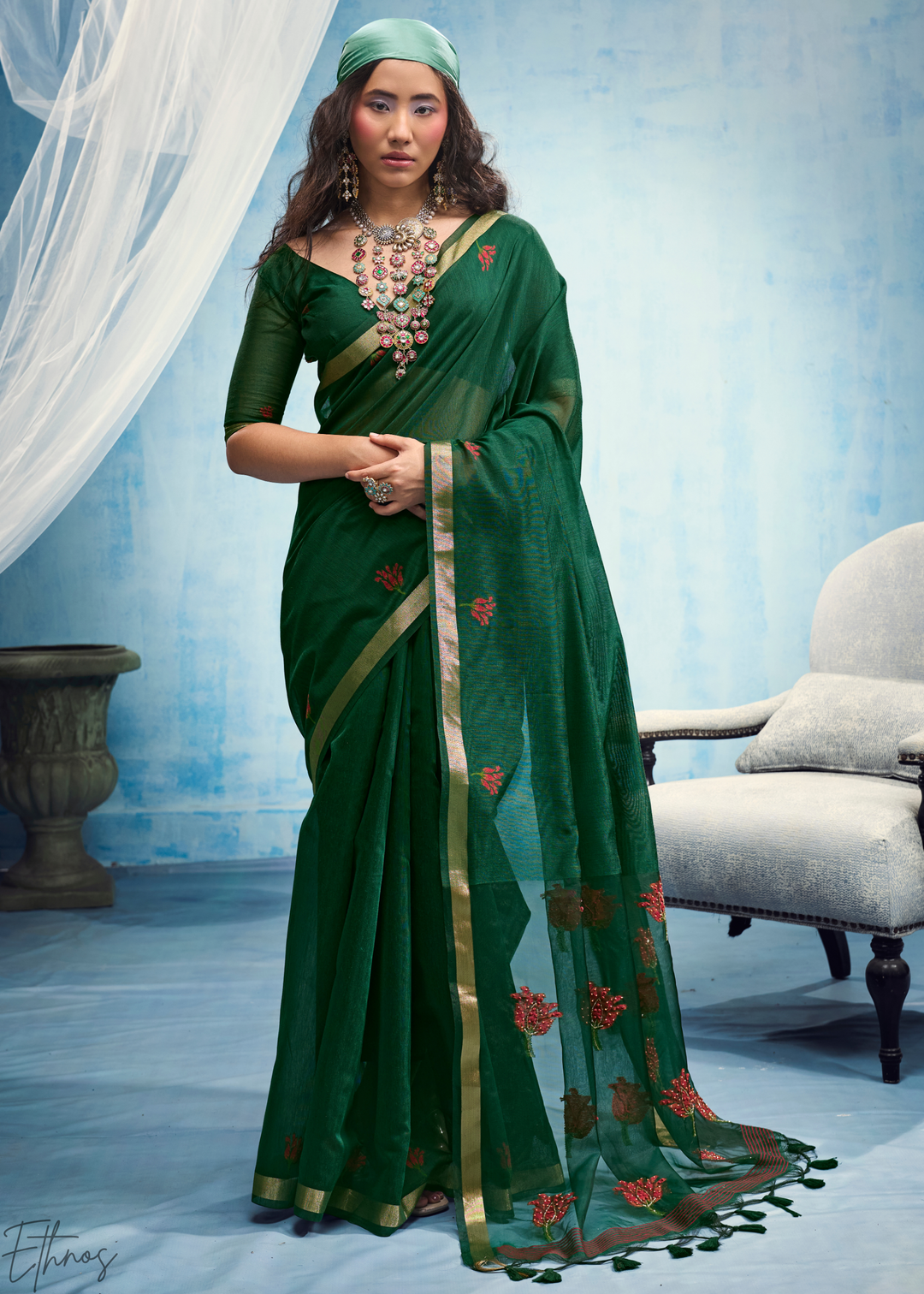 Emerald Green Rose Jamdani Munga Cotton Saree