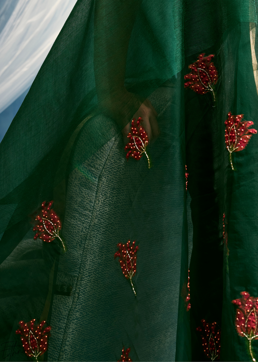 Emerald Green Rose Jamdani Munga Cotton Saree