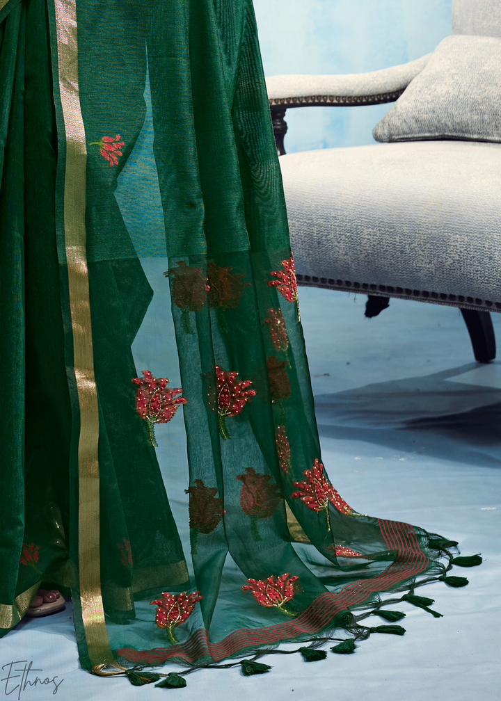 Emerald Green Rose Jamdani Munga Cotton Saree