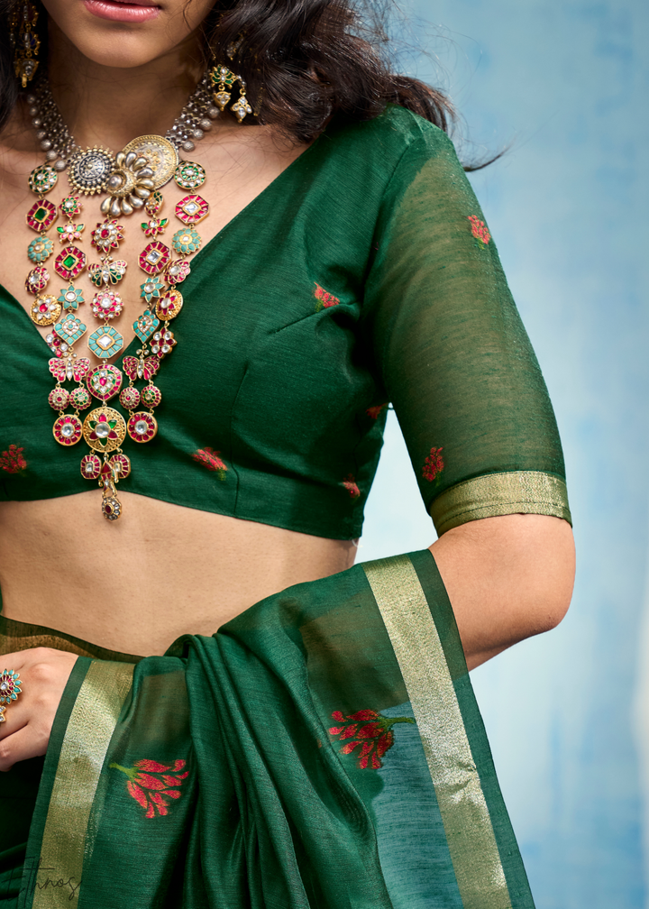 Emerald Green Rose Jamdani Munga Cotton Saree