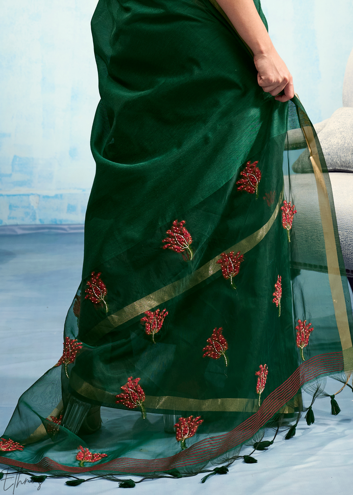 Emerald Green Rose Jamdani Munga Cotton Saree