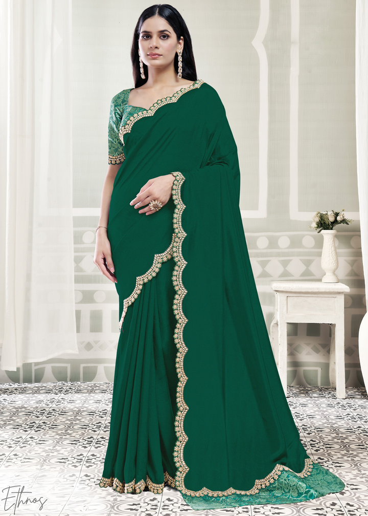 Emerald Green Scallop Border Crepe Silk Saree