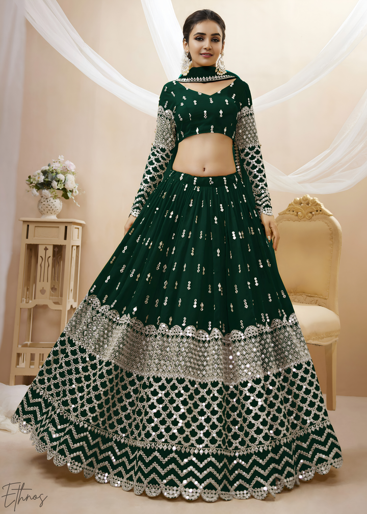 Emerald Green Sequins Georgette Lehenga