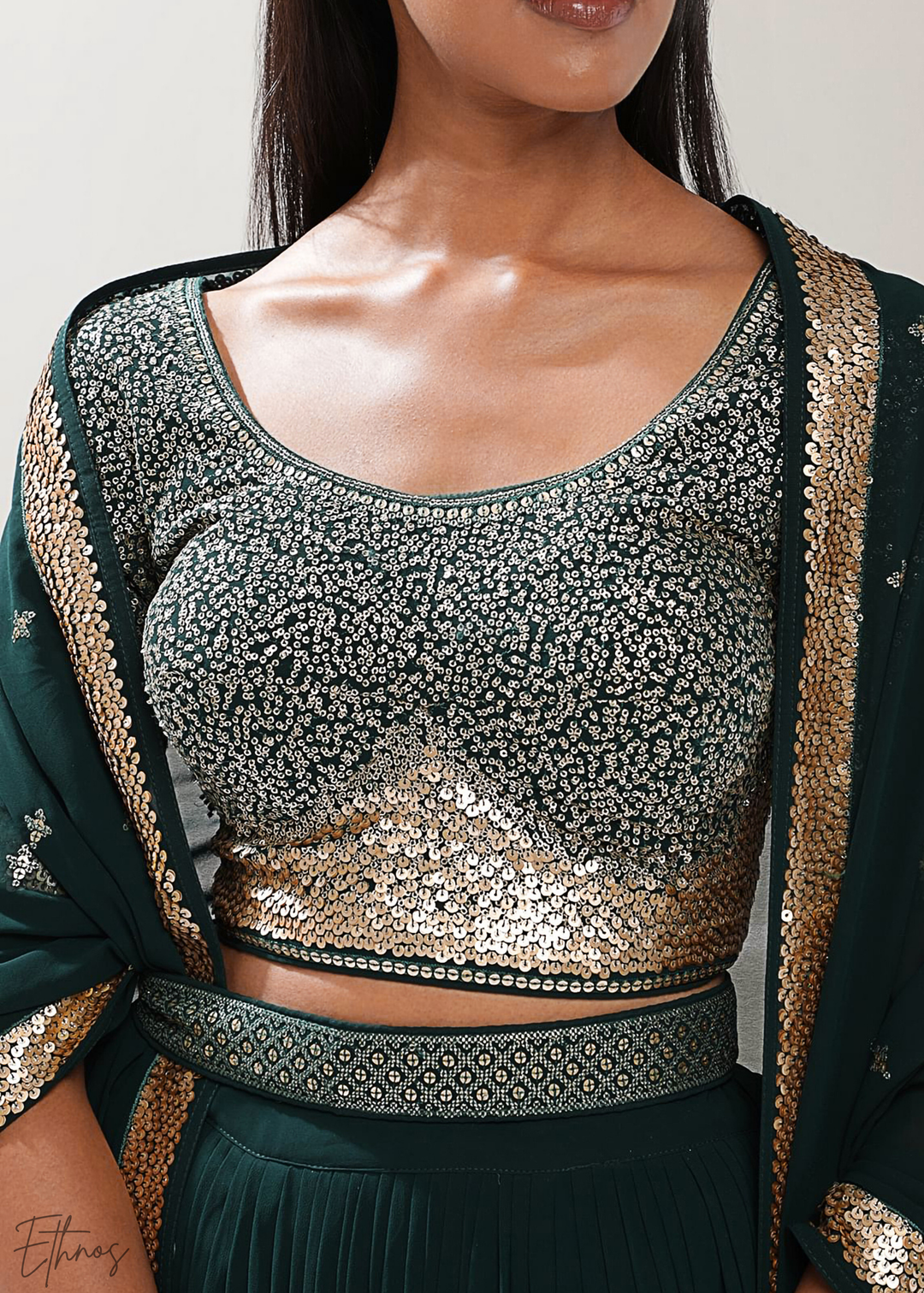 Emerald Green Sequins Georgette Lehenga