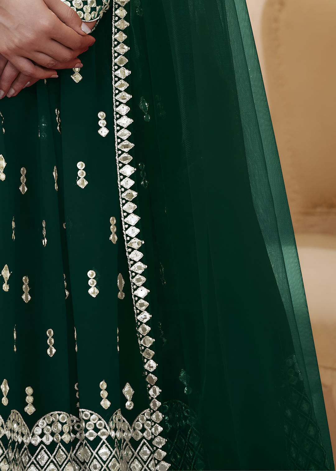 Emerald Green Sequins Georgette Lehenga