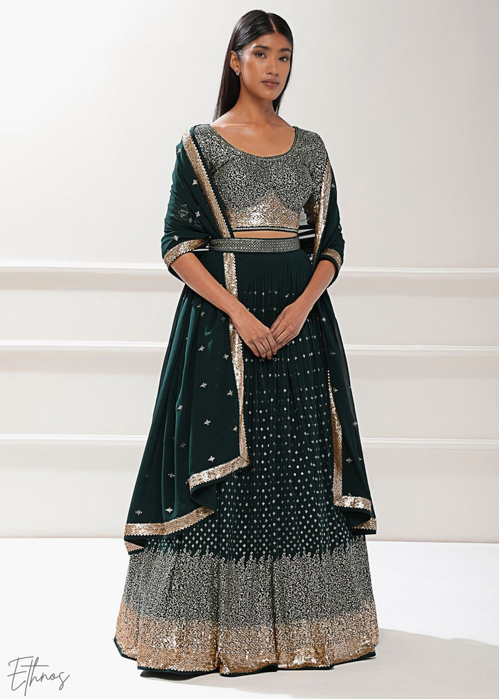 Emerald Green Sequins Georgette Lehenga