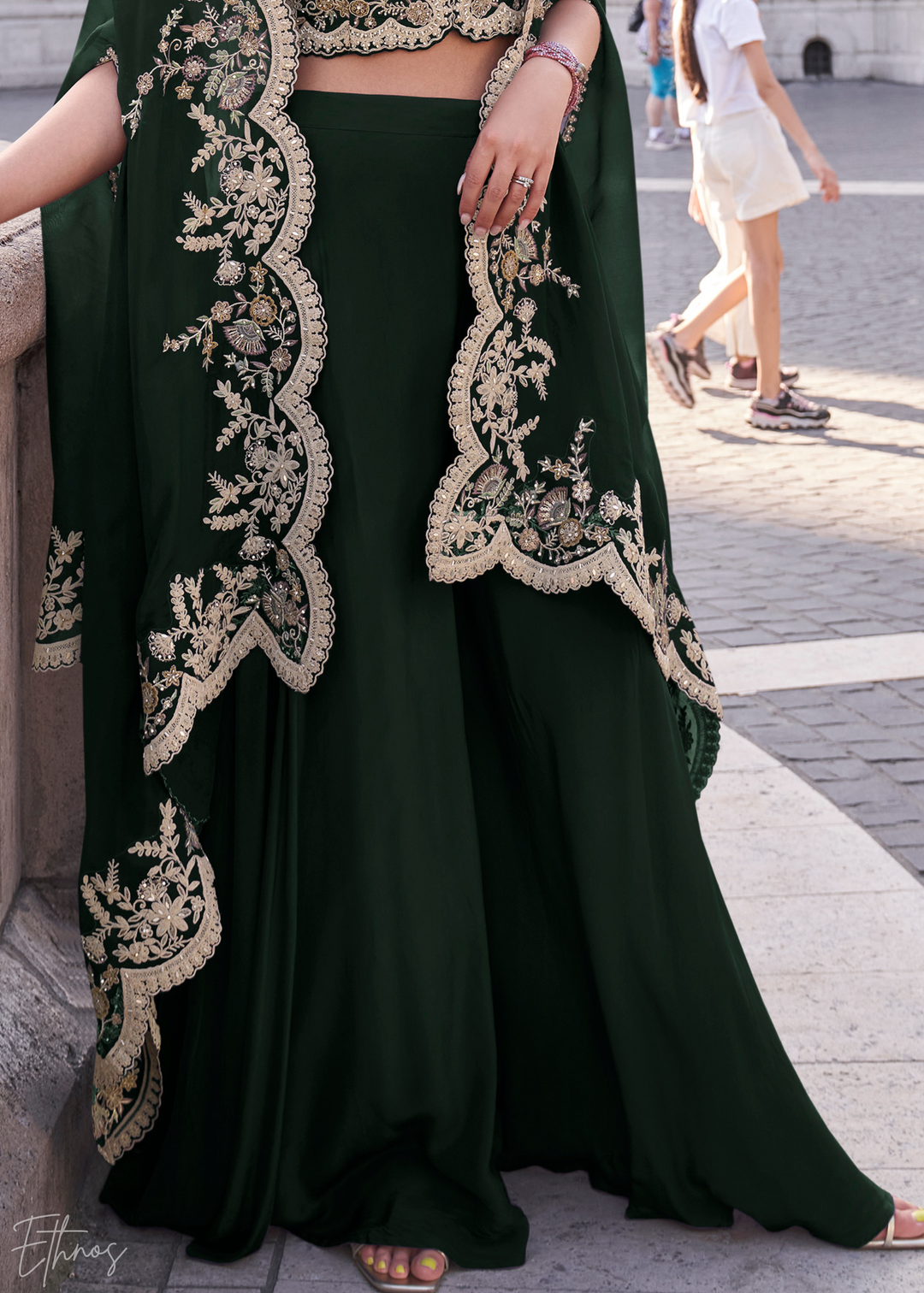Emerald Green Silk Shrug Choli Palazzo Suit