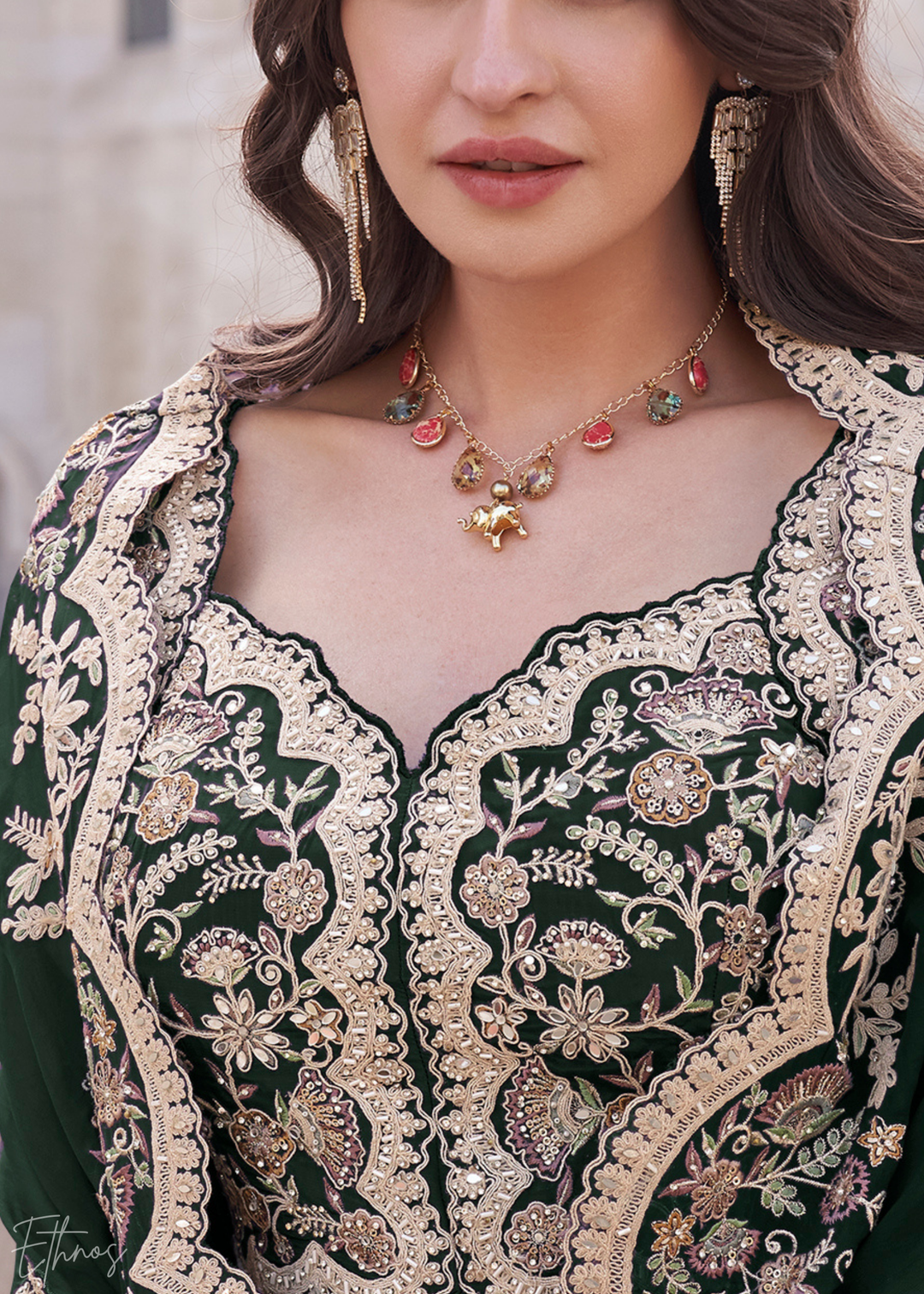 Emerald Green Silk Shrug Choli Palazzo Suit