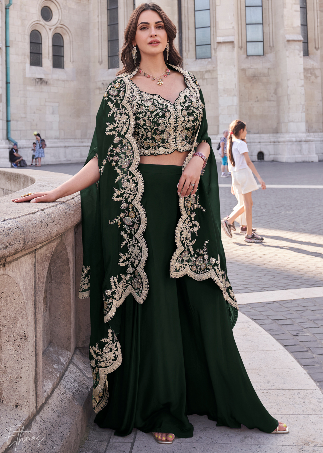Emerald Green Silk Shrug Choli Palazzo Suit  Ethnos