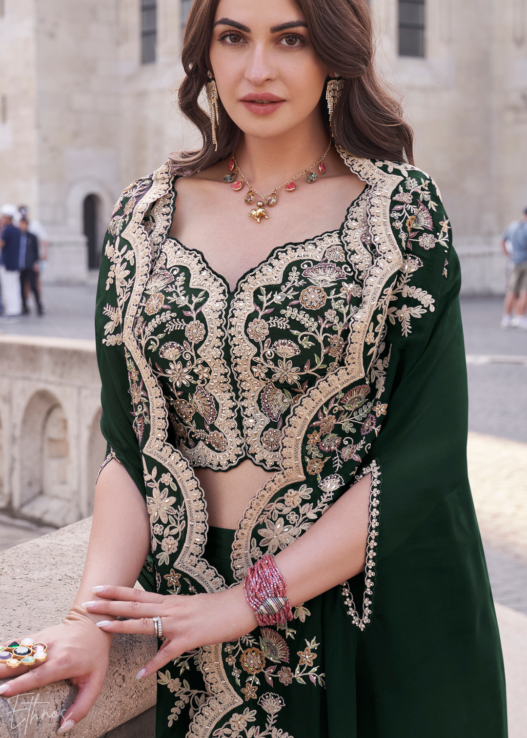 Emerald Green Silk Shrug Choli Palazzo Suit