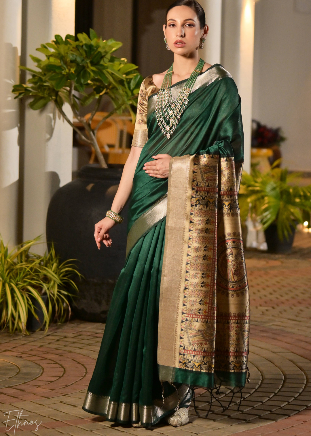 Emerald Green Zari Tussar Silk Saree