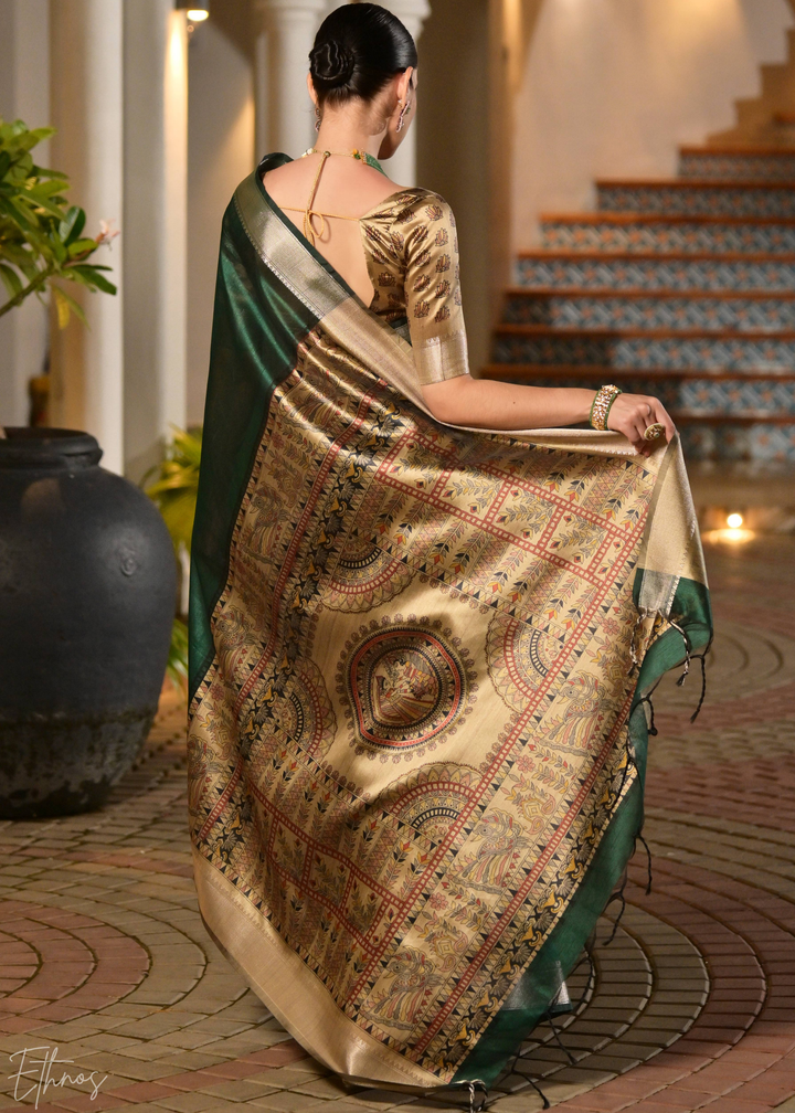Emerald Green Zari Tussar Silk Saree