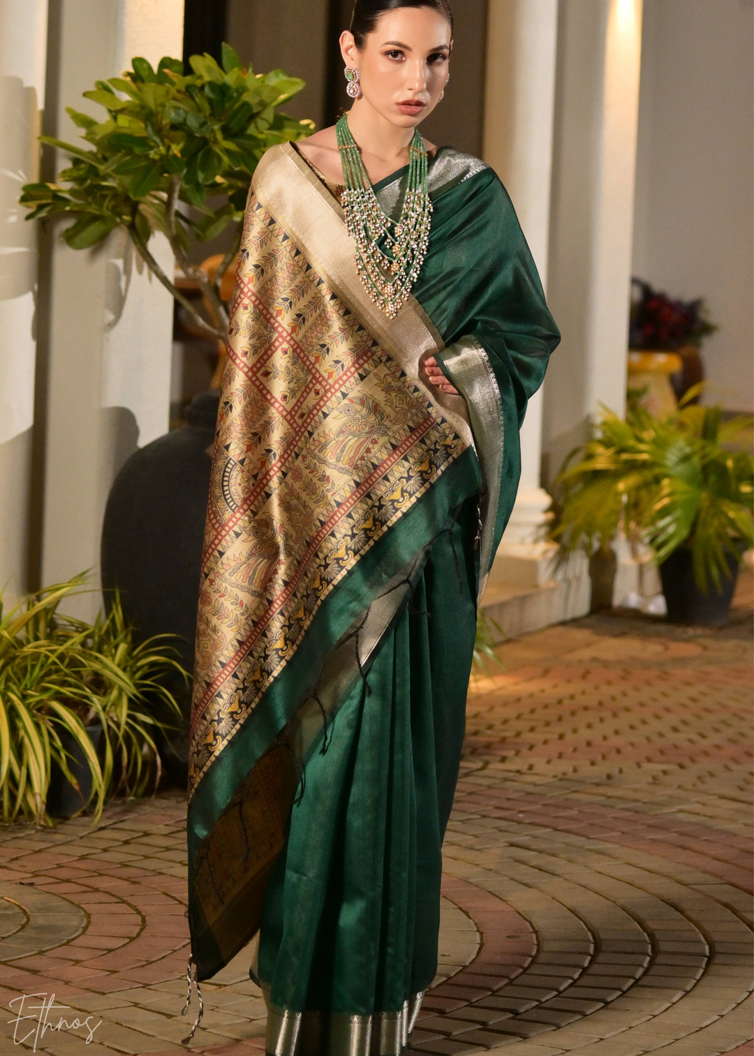 Emerald Green Zari Tussar Silk Saree