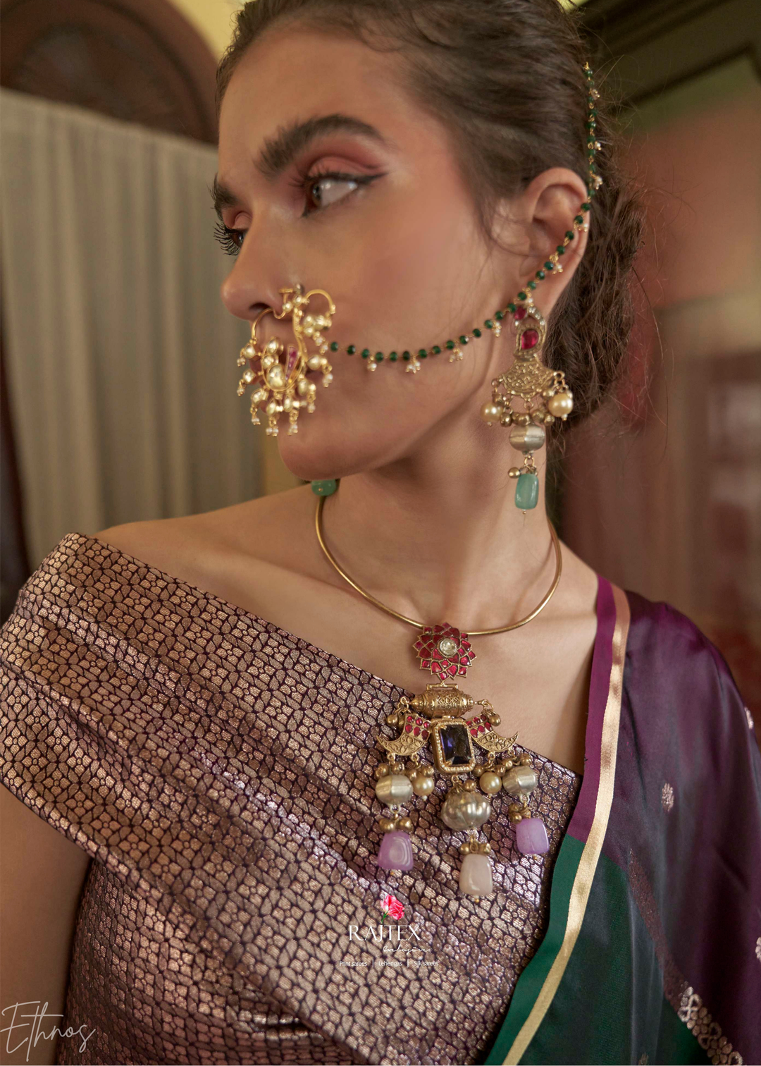 Emerald Green & Magenta Geometric Rangkat Satin Saree
