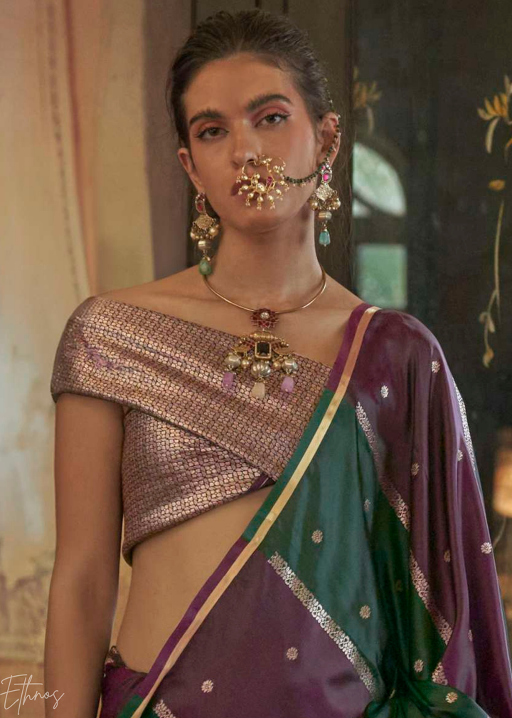 Emerald Green & Magenta Geometric Rangkat Satin Saree
