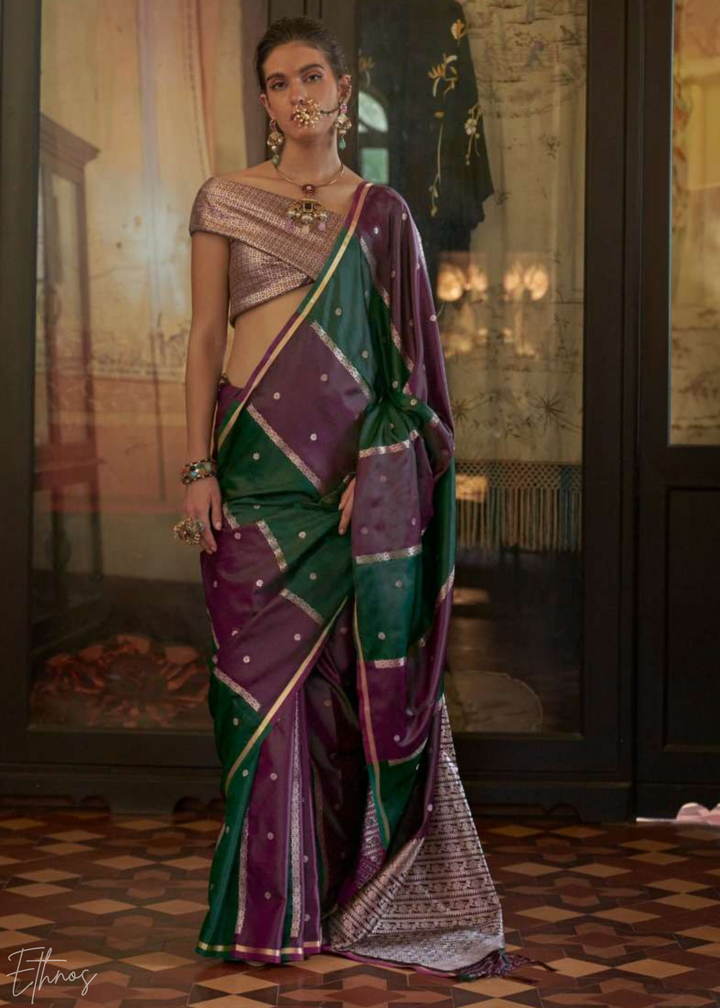 Emerald Green & Magenta Geometric Rangkat Satin Saree