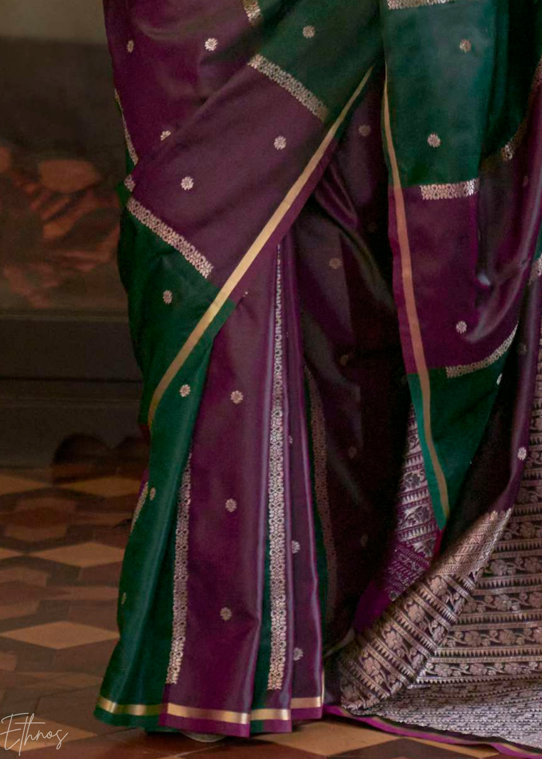 Emerald Green & Magenta Geometric Rangkat Satin Saree