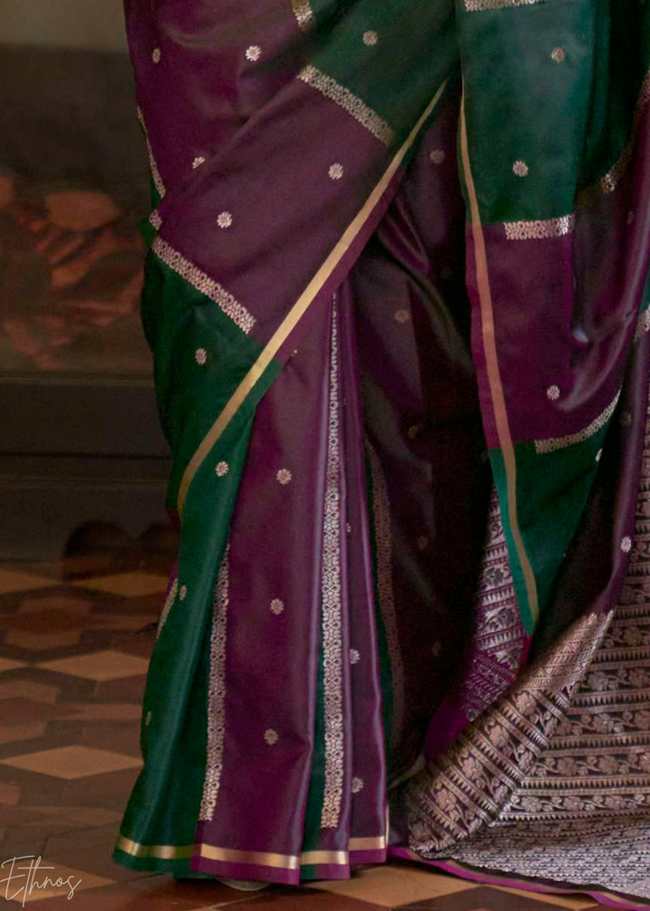 Emerald Green & Magenta Geometric Rangkat Satin Saree