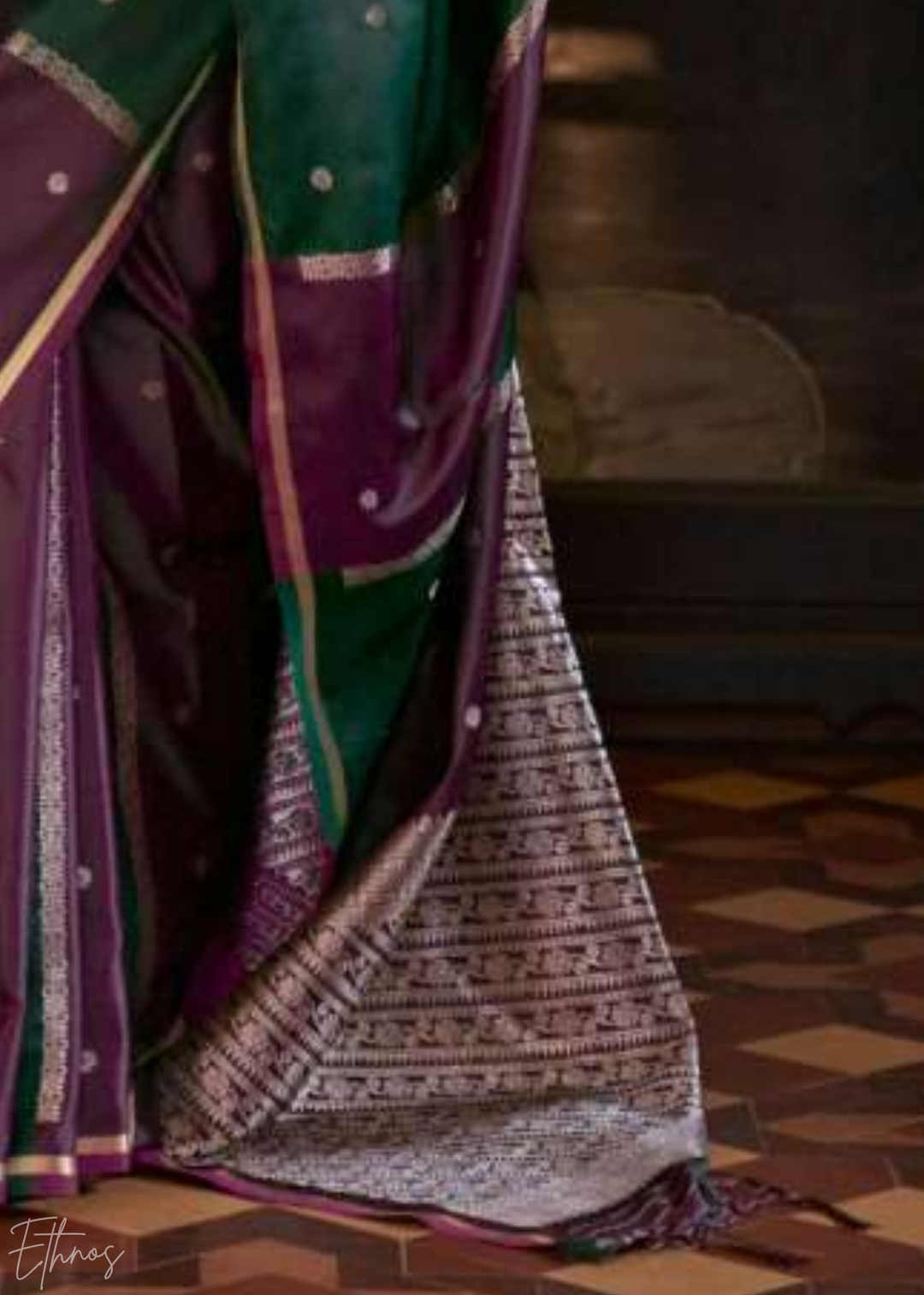 Emerald Green & Magenta Geometric Rangkat Satin Saree