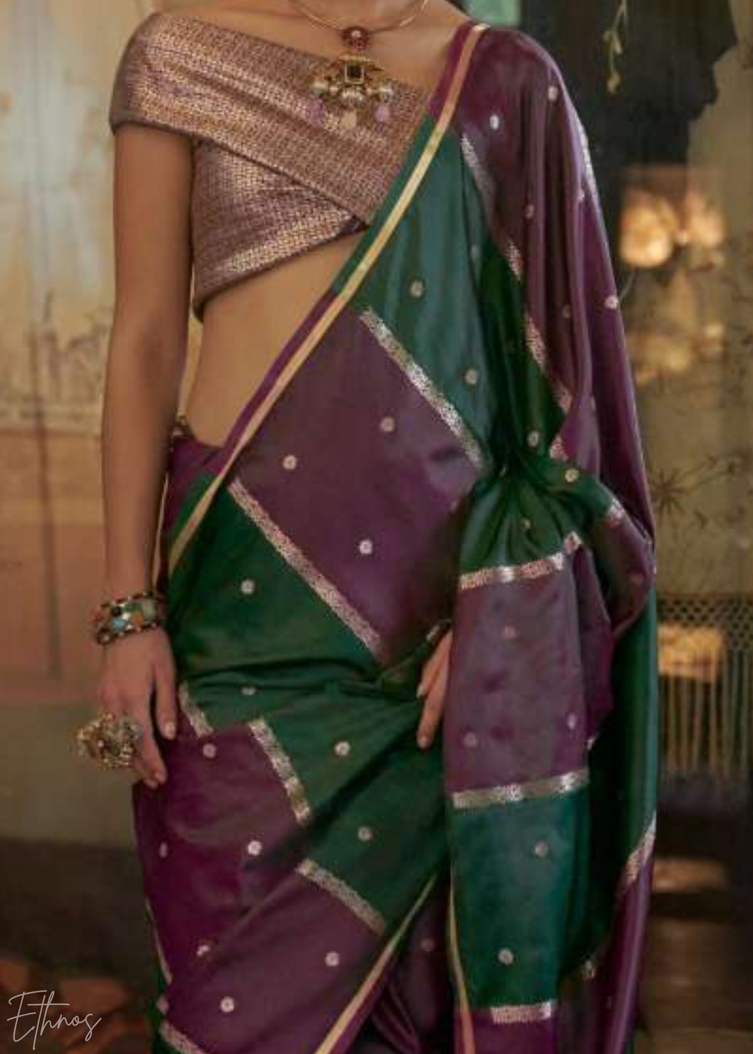 Emerald Green & Magenta Geometric Rangkat Satin Saree
