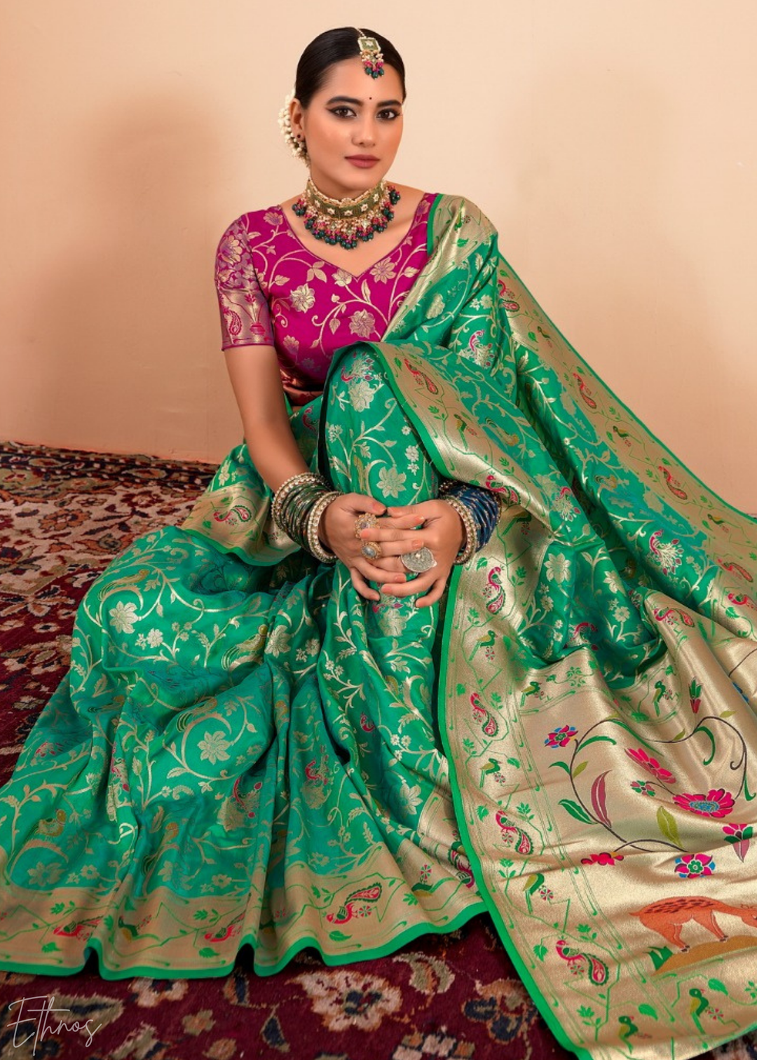 Emerald Jade Menagerie Paithani Silk Saree