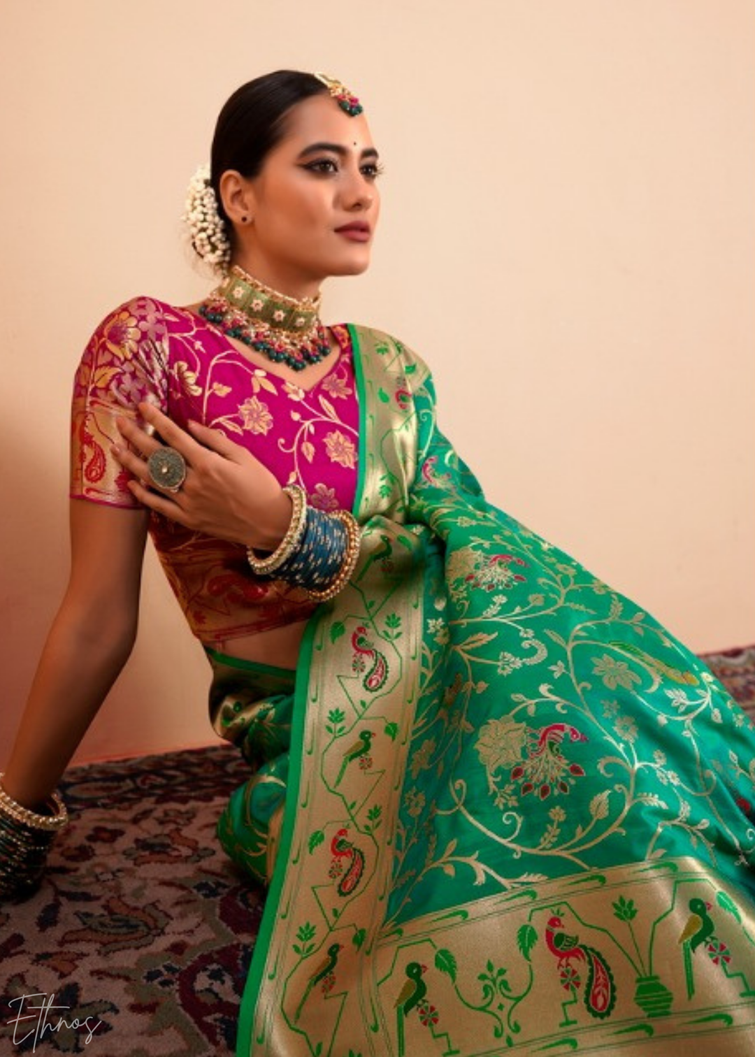 Emerald Jade Menagerie Paithani Silk Saree
