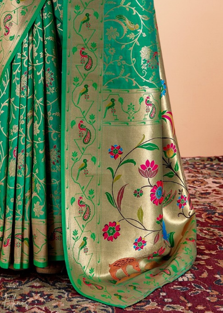 Emerald Jade Menagerie Paithani Silk Saree