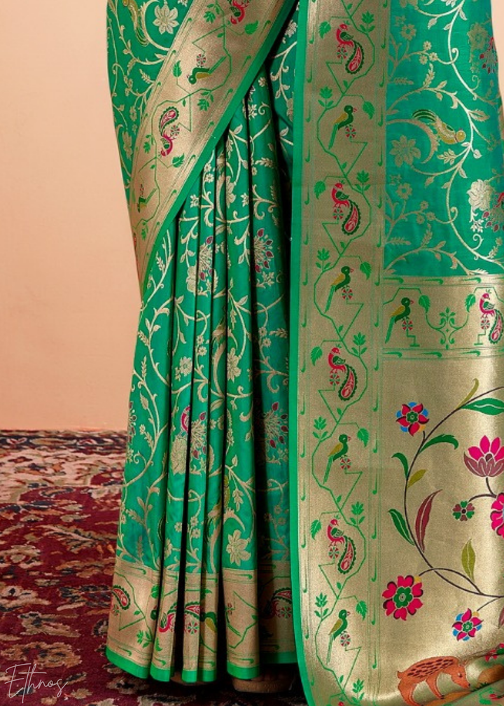 Emerald Jade Menagerie Paithani Silk Saree