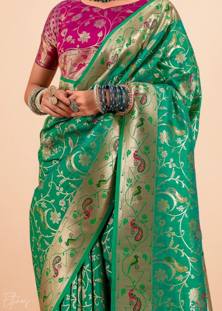 Emerald Jade Menagerie Paithani Silk Saree