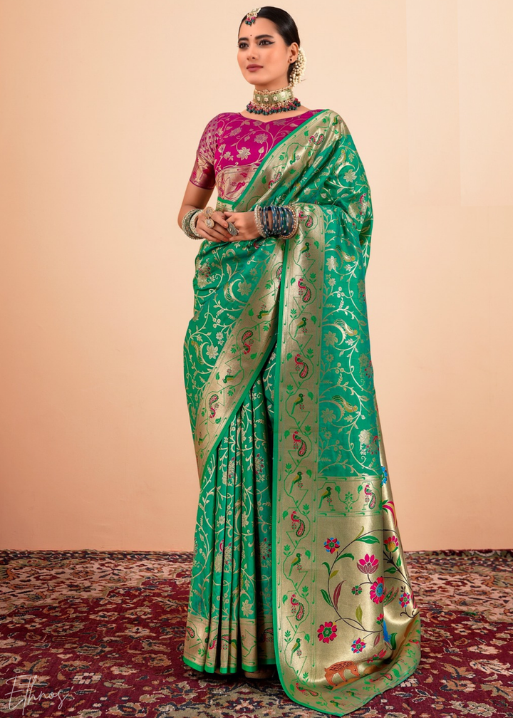 Emerald Jade Menagerie Paithani Silk Saree