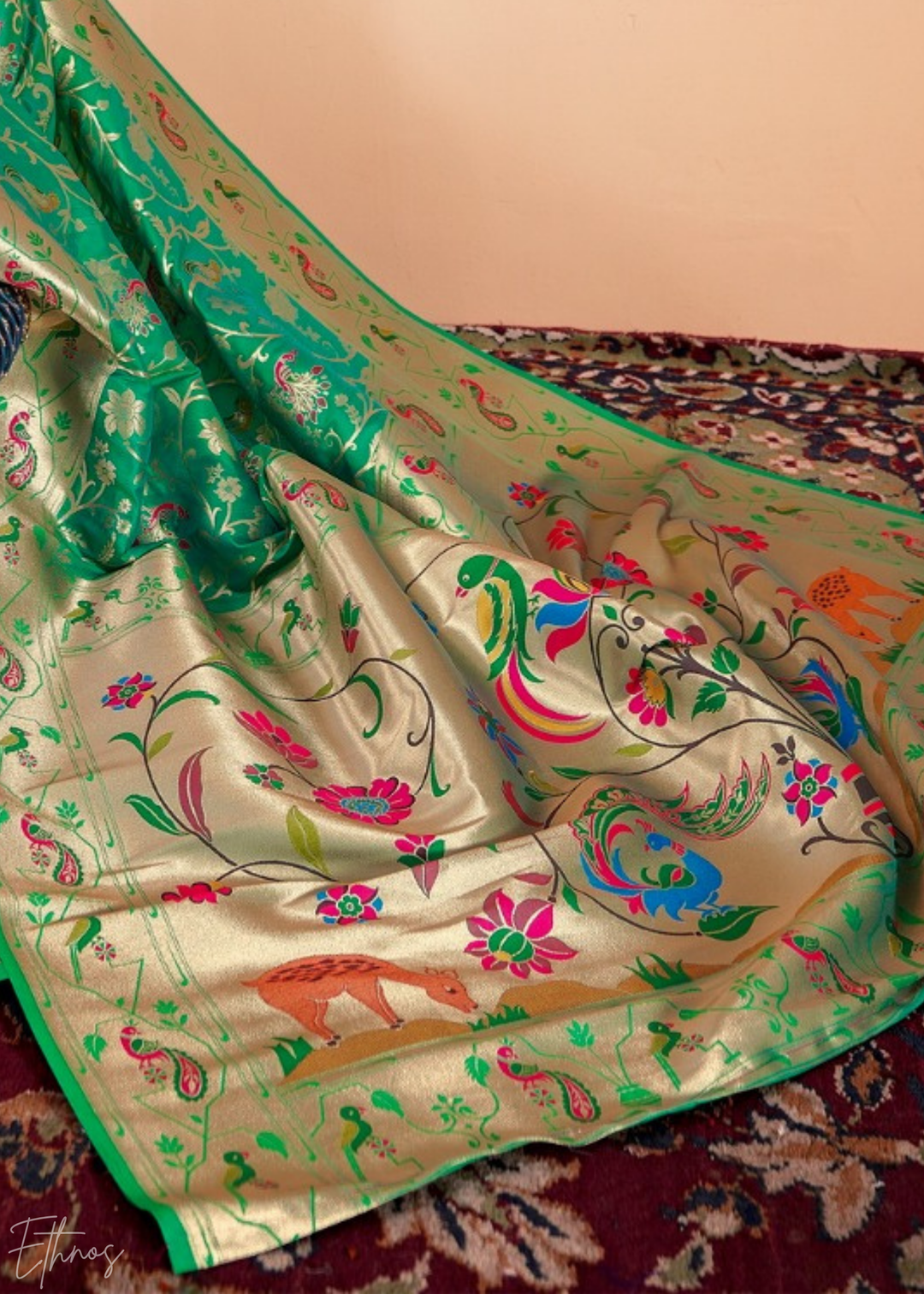 Emerald Jade Menagerie Paithani Silk Saree