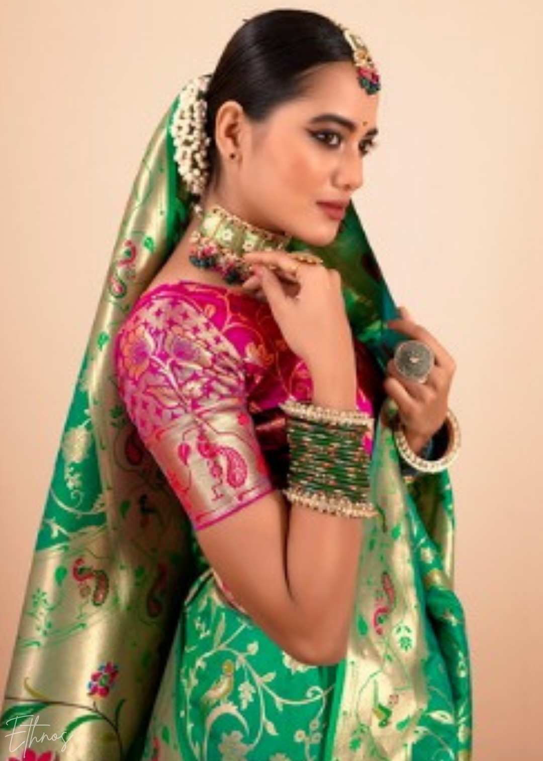 Emerald Jade Menagerie Paithani Silk Saree