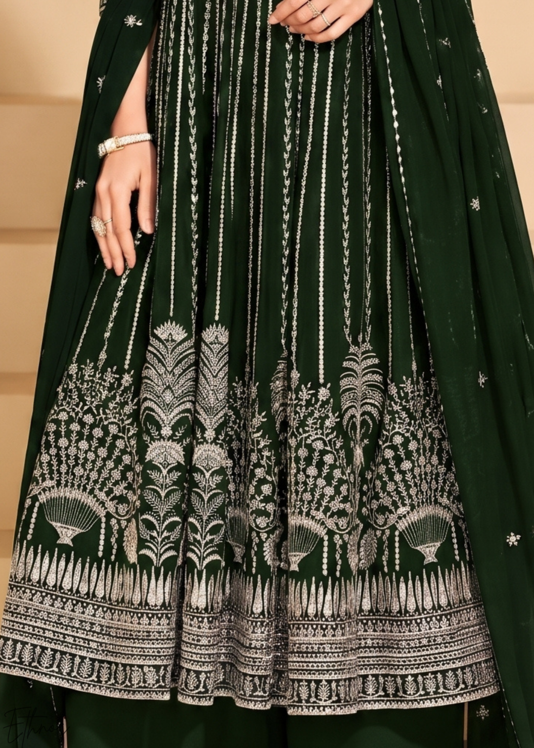 Bottle Green Linear-Embroidered Georgette Palazzo Suit