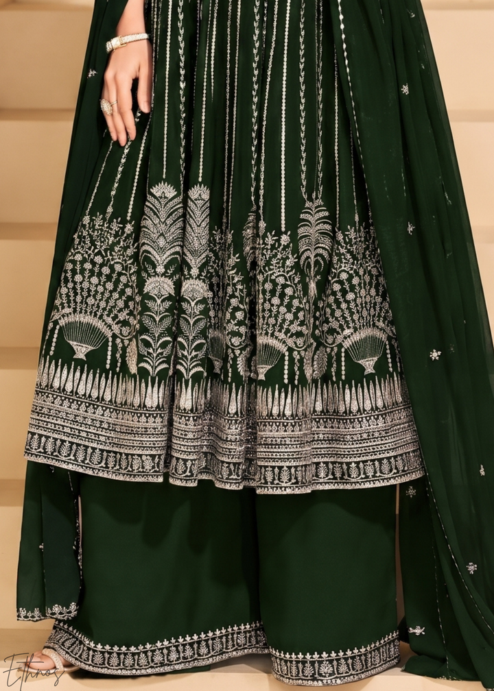 Bottle Green Linear-Embroidered Georgette Palazzo Suit