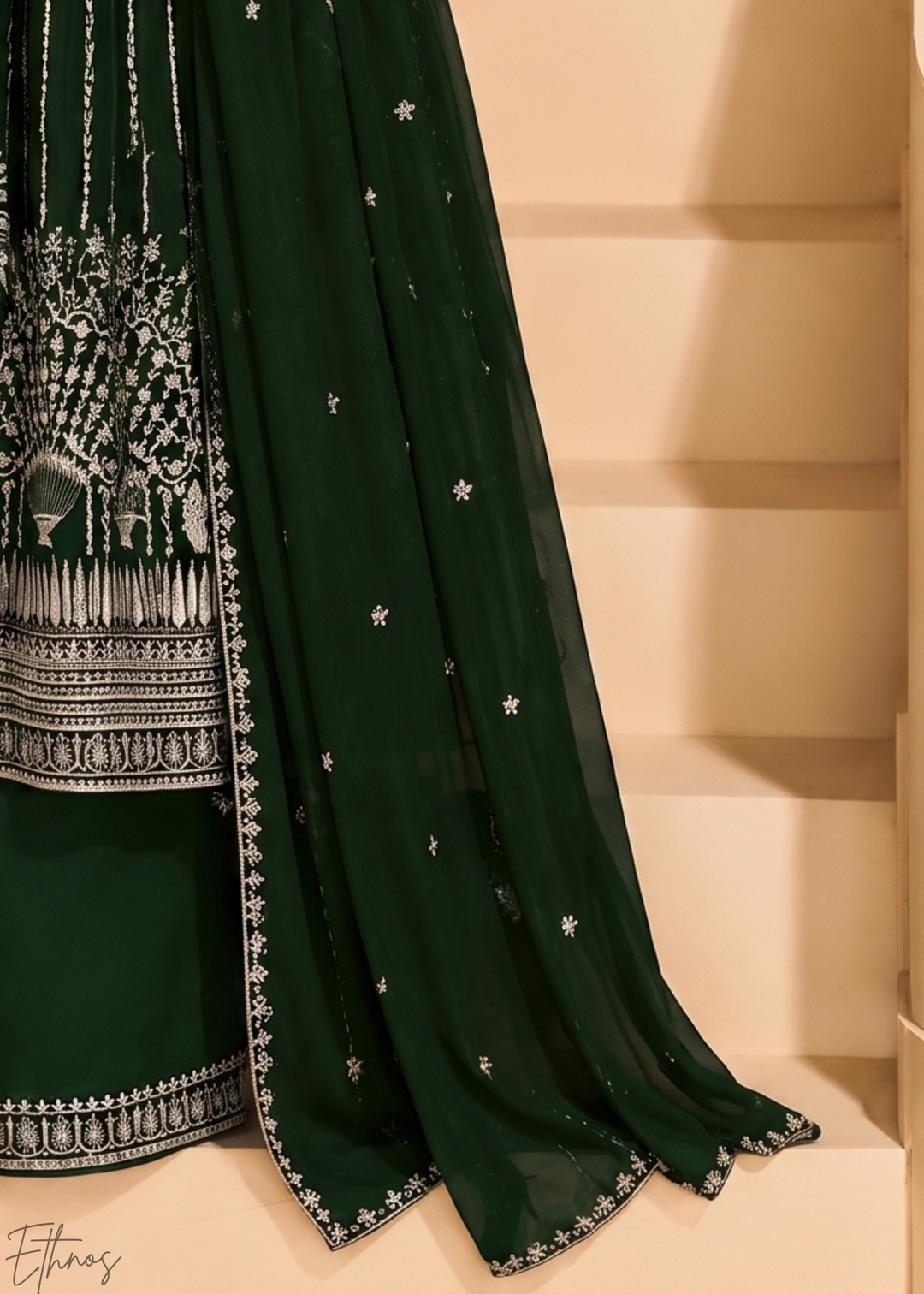Bottle Green Linear-Embroidered Georgette Palazzo Suit