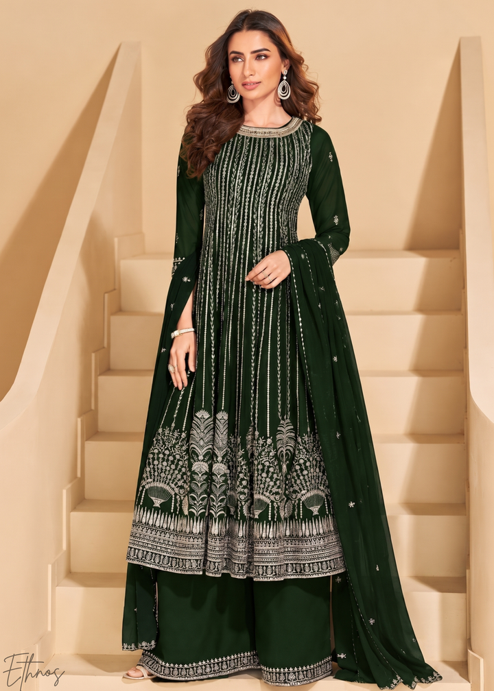 Bottle Green Linear-Embroidered Georgette Palazzo Suit