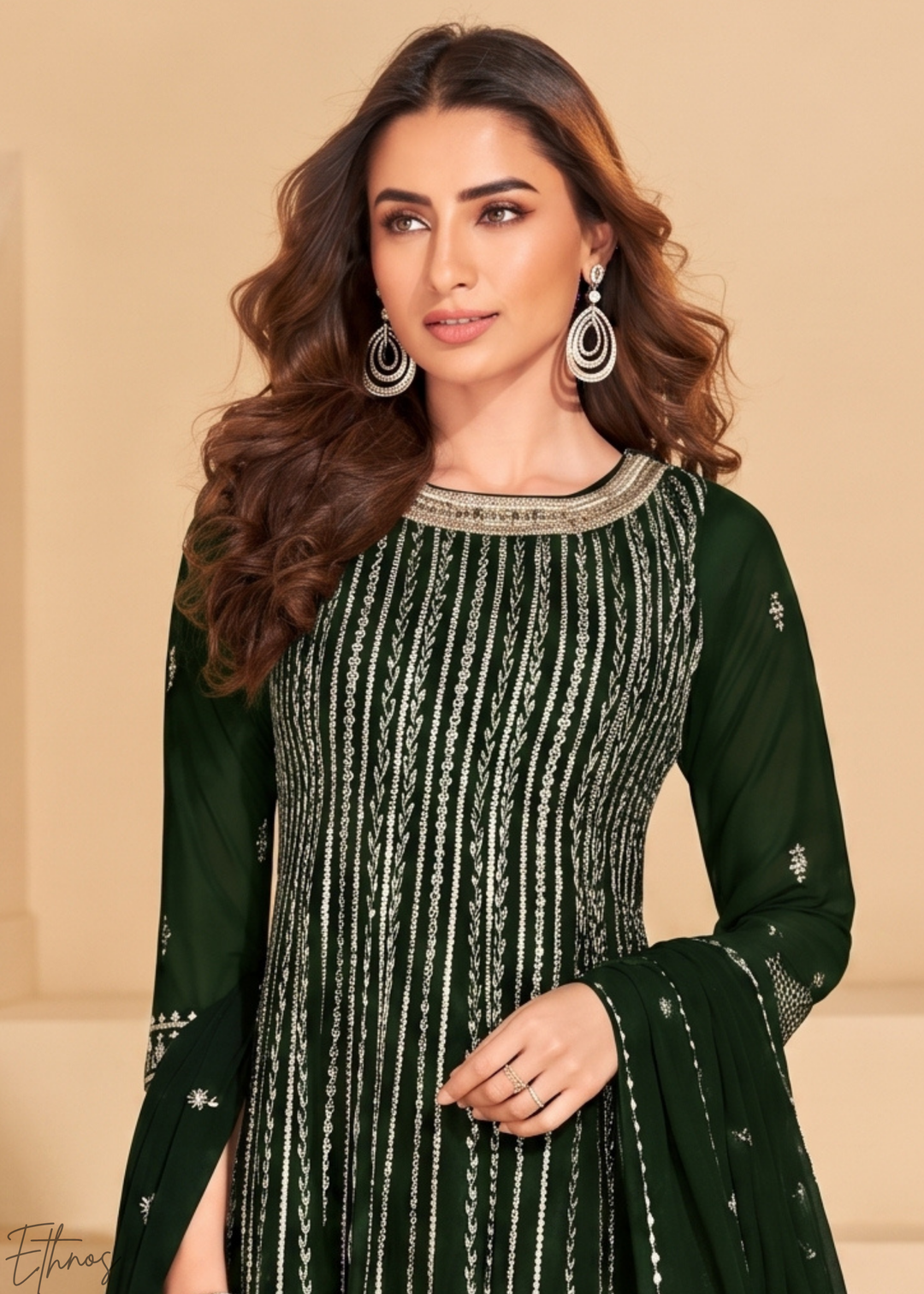 Bottle Green Linear-Embroidered Georgette Palazzo Suit