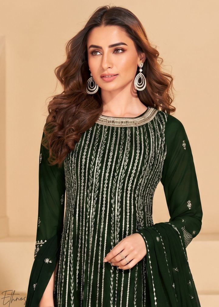 Bottle Green Linear-Embroidered Georgette Palazzo Suit