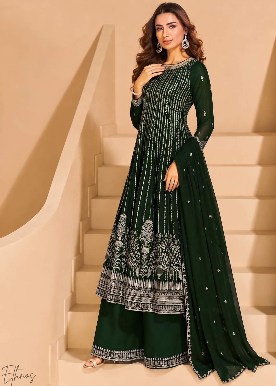 Bottle Green Linear-Embroidered Georgette Palazzo Suit