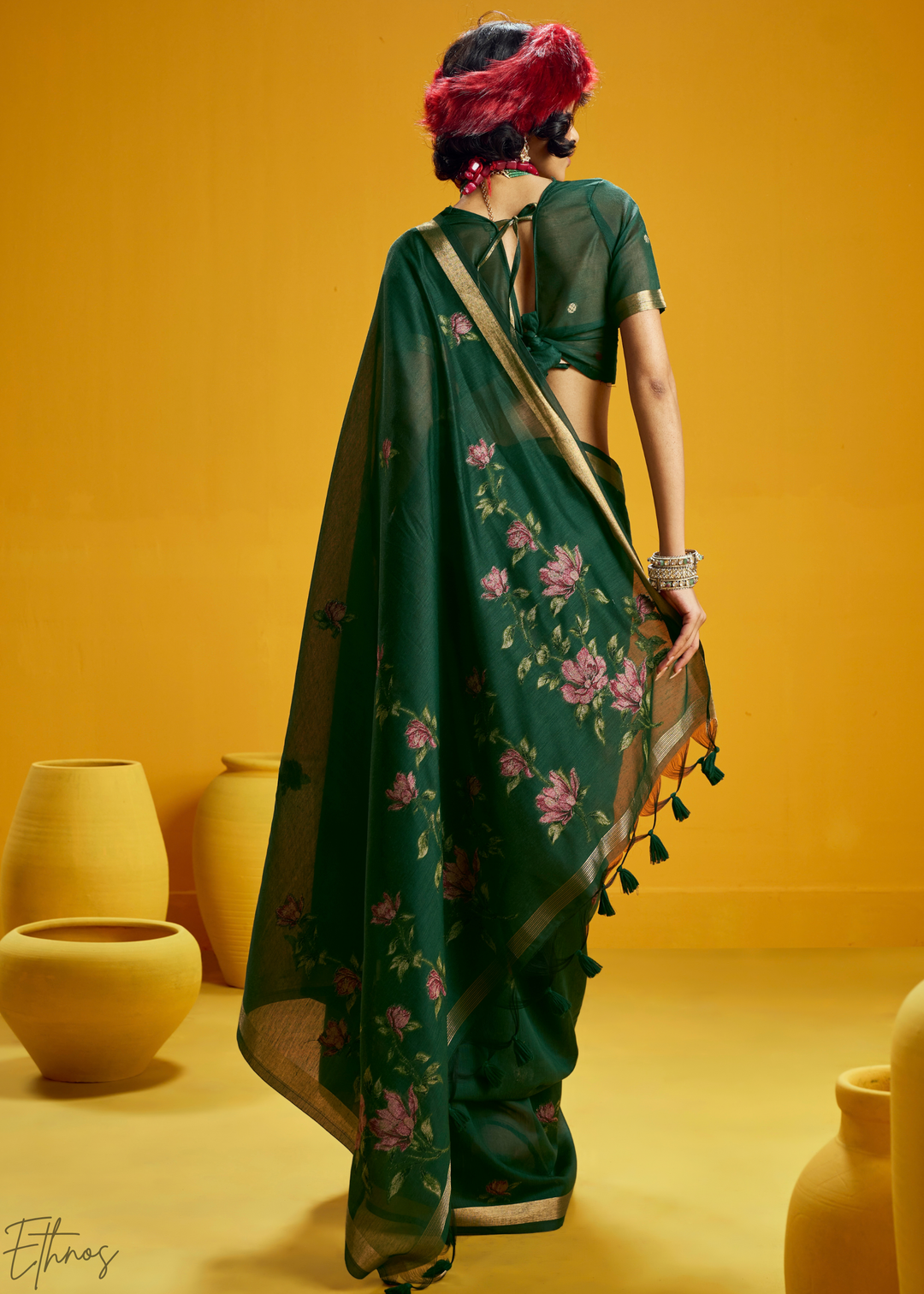 Emerald Lotus Jamdani Pallu Munga Cotton Saree
