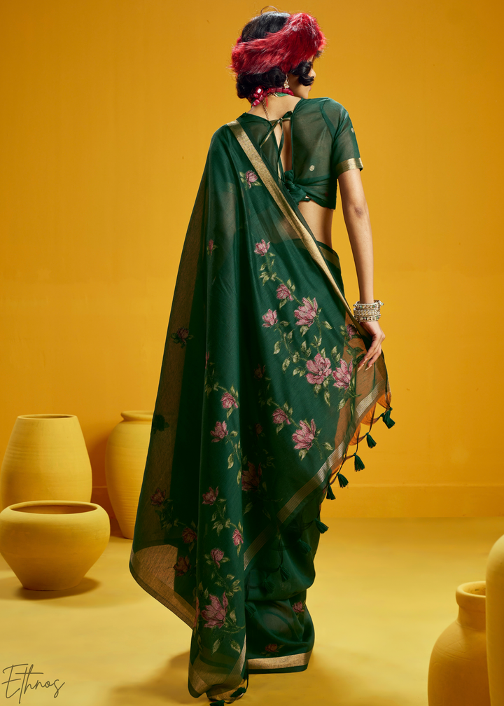 Emerald Lotus Jamdani Pallu Munga Cotton Saree