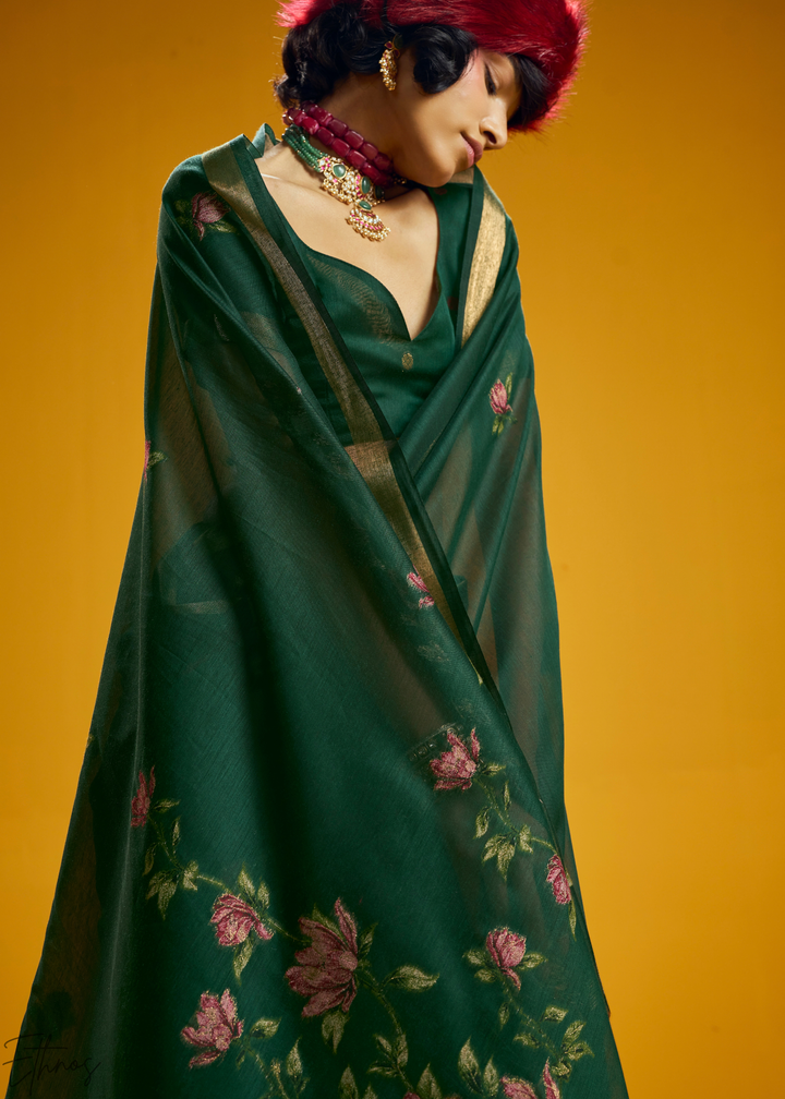 Emerald Lotus Jamdani Pallu Munga Cotton Saree
