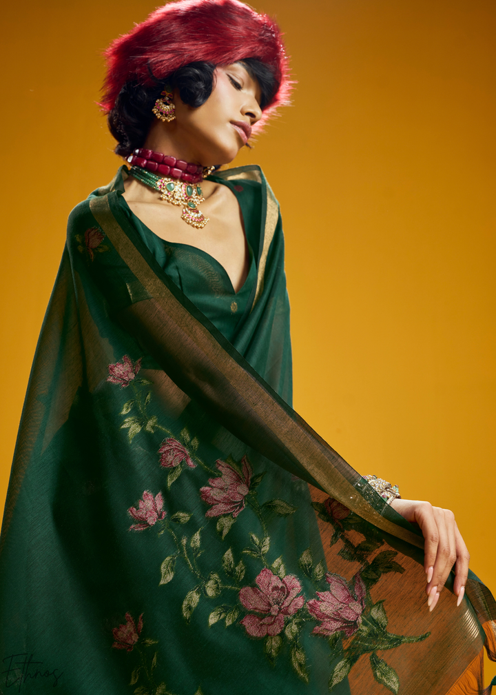 Emerald Lotus Jamdani Pallu Munga Cotton Saree