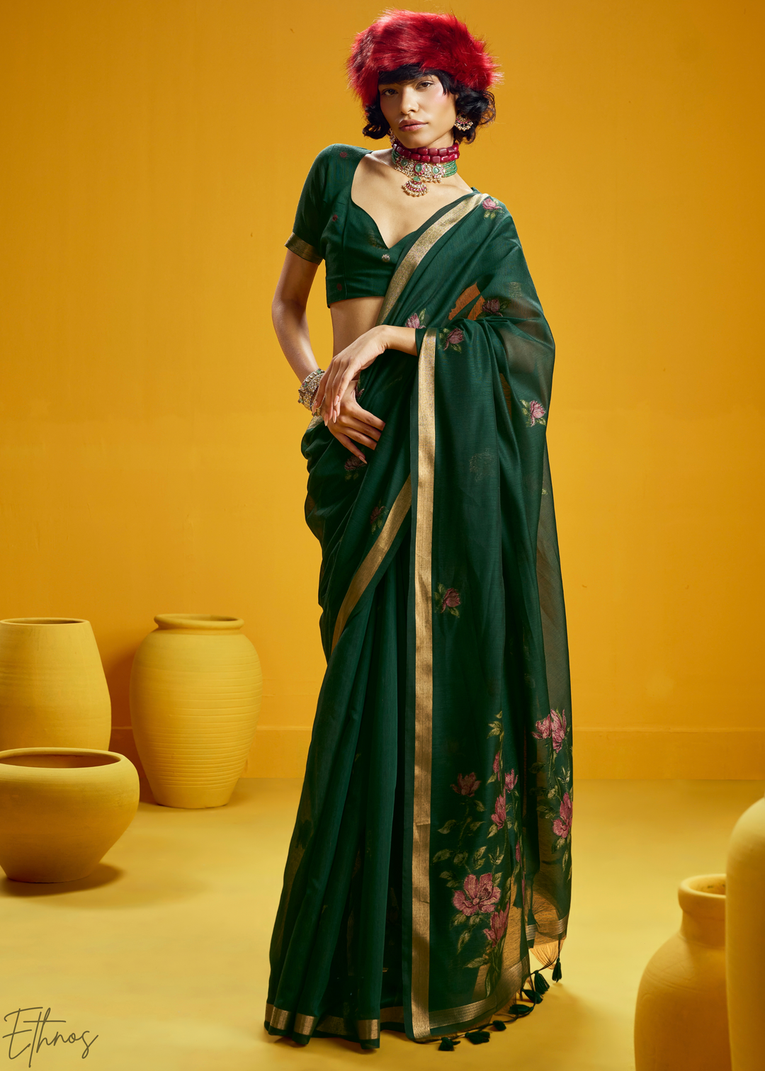 Emerald Lotus Jamdani Pallu Munga Cotton Saree