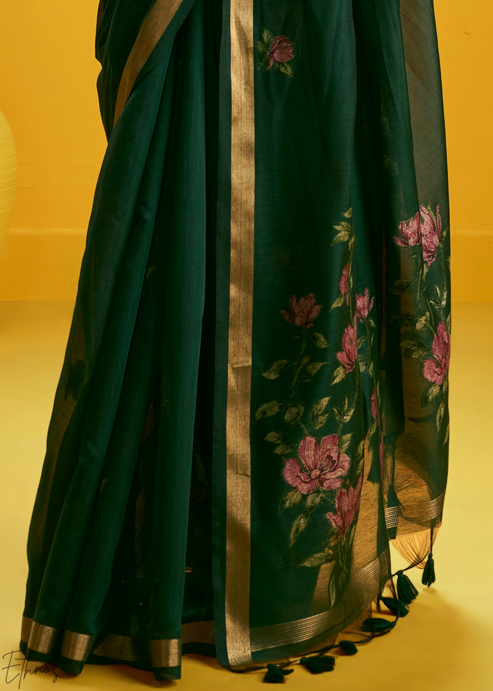 Emerald Lotus Jamdani Pallu Munga Cotton Saree
