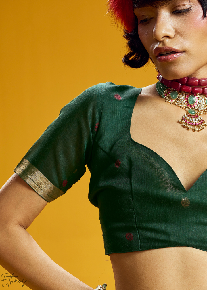 Emerald Lotus Jamdani Pallu Munga Cotton Saree