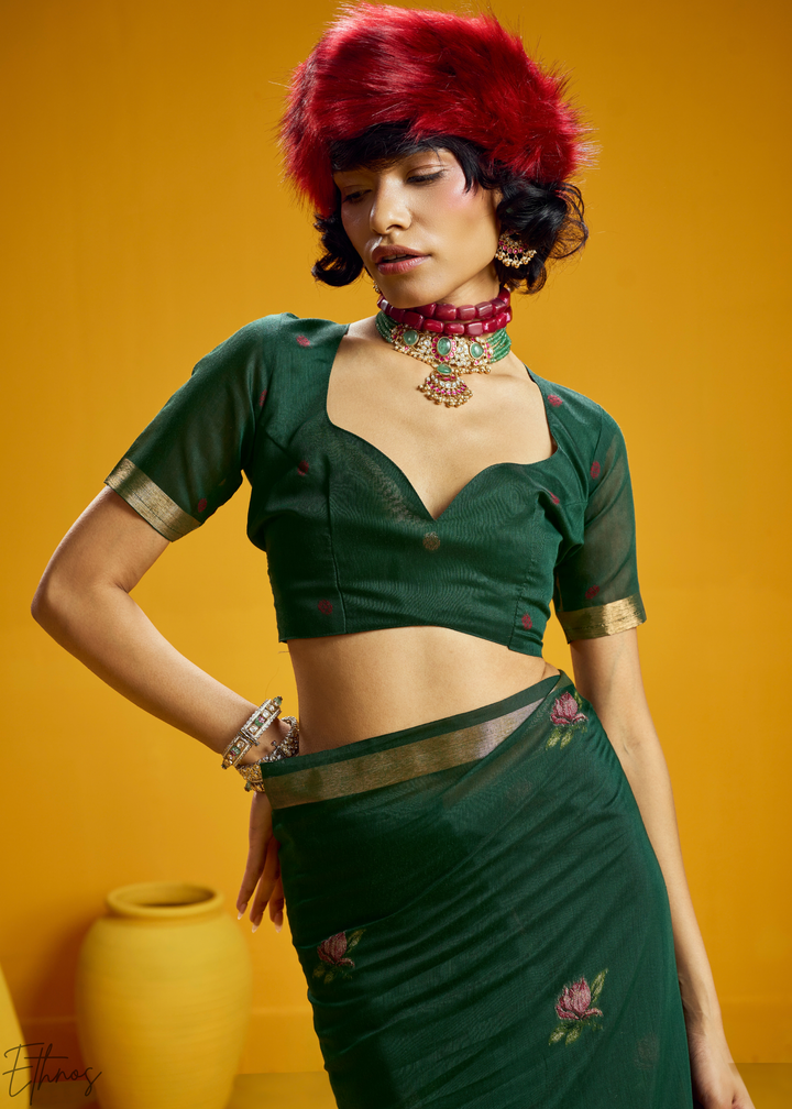 Emerald Lotus Jamdani Pallu Munga Cotton Saree