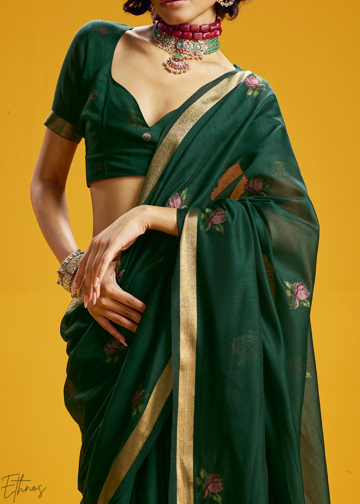 Emerald Lotus Jamdani Pallu Munga Cotton Saree