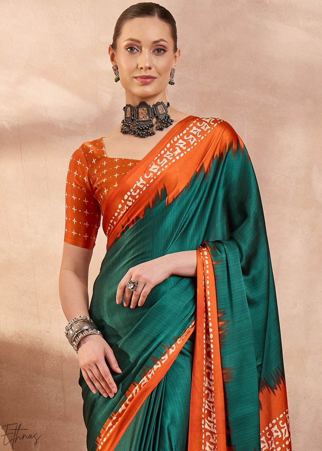 Emerald Malachite Modal Silk Bandhani Border Saree